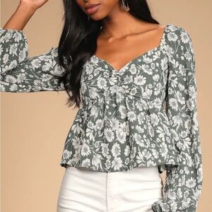 Lulus Top Let Your Love Blossom Sage Floral Print Long Sleeve Blouse Boho Large